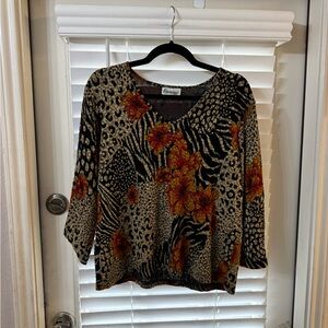 Coldwater Creek Black, Tan & Orange Floral Animal Print Scoop Neck Tunic